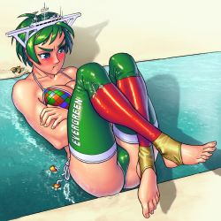  1girl 2021 :t barefoot bikini blue_eyes blush breasts breasts_squeezed_together canal cleavage collarbone colored_eyelashes crossed_arms crossed_legs daydiecast embarrassed ever_given_(evergreen) evergreen_marine_corporation excavator feet from_above full_body giant giantess green_hair green_legwear highres legs_up looking_away lying medium_breasts multicolored_bikini multicolored_bikini_top multicolored_legwear on_back outdoors parody partially_submerged personification pout red_legwear sand shiny_clothes shiny_legwear shiny_skin short_hair side-tie_bikini_bottom solo stirrup_legwear stuck suez_canal swimsuit tearing_up thick_eyebrows thighs toeless_legwear water wavy_mouth yellow_legwear  rating:Questionable score:36 user:Nanami