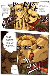  emlan english_text eva_(metal_gear) glasses jojo_no_kimyou_na_bouken licking meme metal_gear_(series) metal_gear_solid_3:_snake_eater parody revolver_ocelot style_parody taste_of_a_liar_(meme) the_taste_of_a_liar uniform vento_aureo 