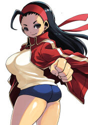  1girl absurdres ahoge black_hair blue_shorts breasts cropped_legs gym_shorts highres iinchou_(justice_gakuen) jacket justice_gakuen large_breasts long_hair looking_at_viewer muramasa_mikado red_jacket shirt shorts solo track_jacket white_background white_shirt 