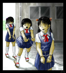 3girls bdsm black_hair bondage bound chain chained child cuffs flip-flops gin_nasu handcuffs multiple_girls outdoors sandals school_uniform short_hair short_twintails socks source_request twintails white_legwear rating:Sensitive score:22 user:cerebro-0010
