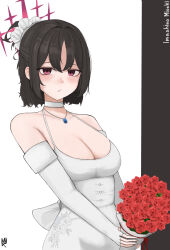  1girl absurdres alternate_costume alternate_hairstyle bare_shoulders blue_archive bouquet bow breasts brown_background character_name choker cleavage commentary dress dress_bow elbow_gloves flower gloves hair_ornament hair_scrunchie halo highres holding holding_bouquet jewelry light_blush looking_at_viewer misaki_(blue_archive) pendant red_eyes red_halo ribbon rose scrunchie short_hair signature simple_background solo user_wted2833 wedding_dress white_background white_choker white_gloves white_scrunchie 