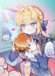  0202ase absurdres ahoge artoria_pendragon_(fate) blonde_hair blue_dress braid breasts burger character_request cleavage commentary cup disposable_cup dress eating fate_(series) food food_on_face heart highres holding holding_burger holding_food large_breasts long_sleeves saber_(fate) short_hair speech_bubble spoken_character symbol-only_commentary 