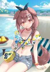  1girl alternate_costume arm_support bag bangle belt_collar bikini blurry blurry_background bone_hair_ornament bow_hairband bracelet braid breasts brown_eyes brown_hair chair cleavage collar collarbone commentary cup cutoffs day denim denim_shorts dog_girl dog_tail double-parted_bangs drinking_glass food food_print frilled_bikini frills fruit fruit_print fukahire_(ruinon) hair_ornament hairband halterneck highres holding holding_cup hololive inugami_korone jewelry lemon lemon_print lemon_slice light_blush long_hair looking_at_viewer lounge_chair medium_breasts multicolored_nails navel open_fly outdoors parted_lips pool red_nails short_shorts shorts shoulder_bag side_braid single_braid sitting solo stomach swimsuit symbol-only_commentary tail thighs torn_clothes torn_shorts two-tone_nails virtual_youtuber watermark yellow_nails 