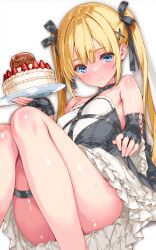  1girl absurdres bare_shoulders black_dress black_gloves black_ribbon black_sleeves blonde_hair blue_eyes breasts cake closed_mouth commentary_request dead_or_alive detached_sleeves dress fingerless_gloves food frilled_dress frills fruit gloves hair_ornament hair_ribbon happy_birthday highres holding holding_cake holding_food holding_plate iwato_(celler) knees_up long_hair looking_at_viewer marie_rose plate ribbon shiny_skin simple_background small_breasts solo strawberry thigh_strap twintails two-tone_dress white_background white_dress x_hair_ornament 