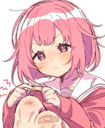  1girl bandaid bandaid_on_hand bandaid_on_knee bandaid_on_leg blush bruise cardigan closed_mouth highres injury knees_up long_sleeves miyamasuzaka_girls&#039;_academy_school_uniform neckerchief nose_blush ootori_emu pink_cardigan pink_eyes pink_hair pink_shirt project_sekai ra_mntbti red_neckerchief sailor_collar school_uniform serafuku shirt short_hair simple_background sitting solo tearing_up v-shaped_eyebrows white_background white_sailor_collar 