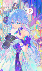 1boy 4girls absurdres bare_shoulders black_overskirt blue_collar blue_hair blue_jacket blue_skirt breasts camera clockie_(honkai:_star_rail) closed_eyes collar collarbone detached_collar detached_sleeves dress eating firefly_(honkai:_star_rail) food food_bite fumo_(doll) gloves highres holding holding_camera holding_food holding_plate honkai:_star_rail honkai_(series) jacket large_breasts long_hair march_7th_(honkai:_star_rail) march_7th_(preservation)_(honkai:_star_rail) multiple_girls neck_wings off-shoulder_dress off-shoulder_jacket off_shoulder open_mouth pink_hair plate robin_(honkai:_star_rail) skirt smile sparkle_(honkai:_star_rail) stelle_(honkai:_star_rail) sunday_(honkai:_star_rail) trailblazer_(honkai:_star_rail) trash_can very_long_hair white_dress white_gloves xianyuzi 