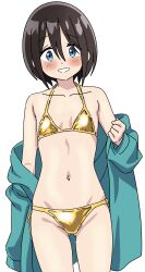  1girl absurdres bikini black_hair blush breasts groin highres hood hoodie navel off_shoulder riokasen saitou_ena short_hair simple_background small_breasts smile solo swimsuit thighs white_background yurucamp 