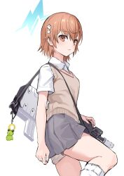  1girl assault_rifle blue_halo brown_eyes brown_hair brown_sweater_vest collared_shirt deca_purio expressionless flower gekota grey_skirt gun hair_flower hair_ornament halo highres jacket charm_(object) lightning_bolt_symbol looking_at_viewer loose_socks misaka_mikoto rifle school_uniform shirt short_sleeves shorts shorts_under_skirt sketch skirt socks solo stuffed_animal stuffed_frog stuffed_toy summer_uniform sweater_vest toaru_majutsu_no_index tokiwadai_school_uniform weapon white_background white_shirt white_shorts white_socks yellow_jacket  rating:General score:8 user:danbooru