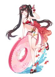  1girl :3 absurdres ahoge alternate_costume animal arm_up armpits bare_arms bare_shoulders bikini black_bikini black_hair black_sandals breasts chest_tattoo cleavage collarbone commentary_request eyewear_on_head facial_mark fish flower-shaped_eyewear goldfish gun hair_ornament hairclip handgun highres holding holding_gun holding_weapon honkai:_star_rail honkai_(series) innertube leg_up long_hair long_legs looking_at_viewer mismatched_bikini navel platform_sandals red_bikini red_eyes revolver sandals simple_background small_breasts smile solo sparkle_(honkai:_star_rail) standing standing_on_one_leg stomach sunglasses swim_ring swimsuit tattoo thighs tongue tongue_out twintails very_long_hair water water_gun weapon white_background wristband yu-ri_(arium047) 