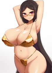  absurdres armpits bikini black_hair breasts cameltoe glasses gold_bikini highres large_breasts lawchan long_hair looking_at_viewer mature_female mistynight navel nchans pink_hair simple_background swimsuit white_background 