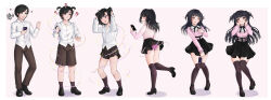  !? 1boy 1girl ? absurdres ass black_hair black_nails black_ribbon black_shoes black_skirt black_thighhighs blush breasts brown_eyes brown_pants cellphone eyelashes genderswap genderswap_(mtf) hand_on_own_chest hands_on_own_cheeks hands_on_own_face highres idolmaster idolmaster_shiny_colors long_hair mayuzumi_fuyuko medium_breasts moonshystar open_mouth original panicking panties pants phone pink_panties pink_shirt ribbon sequential shirt shoes skirt smartphone sparkle surprised thighhighs transformation transforming_clothes two_side_up underwear white_shirt 