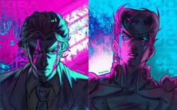  2boys anchor_symbol angry blood blood_on_face blue_eyes clenched_teeth closed_mouth collared_shirt diamond_wa_kudakenai earrings facial_mark formal_clothes frown gakuran higashikata_josuke highres jacket jewelry jojo_no_kimyou_na_bouken kira_yoshikage looking_at_viewer male_focus multiple_boys necktie peace_symbol pink_blood pompadour purple_eyes sayurkailen school_uniform serious shirt short_hair stud_earrings suit teeth upper_body 