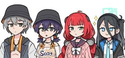  1boy 3girls aqua_halo aris_(blue_archive) belle_(summer_skies)_(zenless_zone_zero) belle_(zenless_zone_zero) bikini bikini_top_under_shirt black_choker black_hair black_hat black_sailor_collar blue_archive blue_eyes blue_necktie bow brother_and_sister bucket_hat cardigan choker column_lineup commentary crossed_bangs crossover fish_hat green_eyes hair_between_eyes hairband halo hat highres jacket long_hair long_hair_between_eyes looking_to_the_side multiple_girls necktie odd_one_out off-shoulder_shirt off_shoulder official_alternate_costume one_side_up open_clothes open_jacket orange_bikini pink_cardigan rectangular_halo red_hair sailor_collar see-through_clothes see-through_shirt shirt siblings simple_background smile swimsuit tanaka_minami_(voice_actor) twintails ukinami_yuzuha voice_actor_connection washin white_background white_bow white_shirt wise_(peaceful_waves)_(zenless_zone_zero) wise_(zenless_zone_zero) zenless_zone_zero 