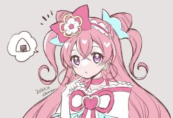  :o back_bow bow brooch choker cone_hair_bun cure_precious curly_sidelocks delicious_party_precure finger_to_own_chin food hair_bun hair_rings heart heart_brooch huge_bow jewelry magical_girl nagomi_yui okayashi onigiri pink_choker pink_hair precure purple_eyes simple_background single_hair_ring thinking triple_bun 