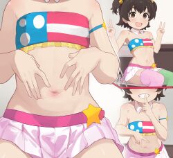  1girl absurdres akagi_miria blush brown_eyes brown_hair crop_top dallei finger_to_mouth highres idolmaster idolmaster_cinderella_girls loli looking_at_viewer midriff miniskirt multiple_views naughty_face navel_focus navel_spread pikapikapop short_hair shushing simple_background sitting skirt smile spread_navel  rating:Questionable score:384 user:Trebble
