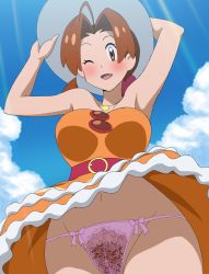 1girl ahoge armpits arms_up bare_shoulders blush breasts brown_eyes brown_hair clothes_lift cloud cowboy_shot day delia_ketchum dress dress_lift embarrassed female_focus female_pubic_hair flipped_hair from_below groin hands_on_headwear happy hat highres jewelry lace lace-trimmed_panties lace_trim large_breasts legs light_rays long_hair looking_at_viewer low_ponytail makino_tomoyasu matching_hair/eyes mature_female navel necklace nintendo nose_blush one_eye_closed open_mouth orange_dress panties pantyshot pendant pink_panties pokemon pokemon_(anime) pokemon_sm_(anime) ponytail pubic_hair see-through_clothes sky smile solo standing strapless strapless_dress sunbeam sunlight thighs underwear white_hat wind rating:Explicit score:256 user:Ynyswydryn