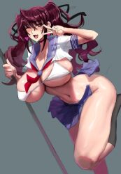  1girl bikini breasts brown_eyes brown_hair cleavage earrings eu03 heart heart_earrings holding holding_staff huge_breasts jewelry kuramoto_erika large_breasts long_hair looking_at_viewer mahou_shoujo_(raita) navel open_clothes open_mouth open_skirt pleated_skirt sailor_collar school_uniform shirt simple_background skirt smile solo staff string_bikini swimsuit twintails unbuttoned v white_bikini white_shirt 