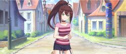  1girl belt black_belt black_choker black_shorts breasts brown_hair building casual choker closed_mouth collarbone cowboy_shot day game_cg garter_straps green_eyes hair_belt hair_between_eyes high_ponytail highres kono_subarashii_sekai_ni_shukufuku_wo! konosuba!_fantastic_days lean_(konosuba) light_blush long_hair looking_at_viewer medium_breasts official_art outdoors pink_shirt ponytail raccoon_tail road shirt short_shorts shorts sidelocks smile solo standing steepled_fingers street striped_clothes striped_shirt tachi-e tail 