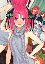 1boy 6+girls @_@ absurdres ahoge anger_vein aran_sweater ass backless_dress backless_outfit bad_id bad_pixiv_id bare_back bare_shoulders black_hair black_ribbon blue_cardigan blue_eyes blunt_bangs blush bow breasts brown_hair butt_crack cable_knit cardigan closed_eyes closed_mouth collared_shirt covering_another&#039;s_eyes covering_own_eyes dress dress_shirt embarrassed expressive_hair go-toubun_no_hanayome green_ribbon grey_sweater hair_between_eyes hair_bow hair_ornament hair_ribbon halterneck hand_on_own_hip headphones headphones_around_neck highres indoors itame_moyashi kotatsu large_breasts long_hair long_sleeves looking_at_viewer meme_attire multiple_girls nail_polish nakano_ichika nakano_itsuki nakano_miku nakano_nino nakano_yotsuba naked_sweater open_mouth orange_hair pink_hair red_hair ribbon shirt short_hair siblings sideboob sisters sitting sleeping smile standing star_(symbol) star_hair_ornament sweater sweater_dress table turtleneck turtleneck_sweater uesugi_fuutarou uesugi_raiha virgin_killer_sweater white_shirt rating:Sensitive score:78 user:danbooru