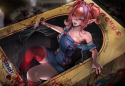  1girl bare_shoulders blood blood_in_hair blood_on_arm blood_on_body blood_on_clothes blood_on_face blood_on_hands bloody_knife blue_overalls breasts child&#039;s_play chucky chucky_(cosplay) collarbone commentary cosplay crossed_bangs double-parted_bangs english_commentary english_text fangs fingernails hair_between_eyes hair_ribbon heterochromia highres holding holding_knife indie_virtual_youtuber knife large_breasts long_fingernails long_hair looking_at_viewer messy_hair myuutew orange_hair overalls pink_eyes pointy_ears purple_eyes red_ribbon red_thighhighs ribbon second-party_source sharp_fingernails shirt solo sprinkle_hershy stitched_face stitches striped_clothes striped_shirt thighhighs virtual_youtuber 