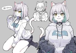  1girl :3 animal_ear_fluff animal_ears black_shorts black_socks blue_hair breasts cat_ears cat_girl cat_tail closed_mouth colored_inner_hair colored_skin commentary fangs fangs_out full_body furrification furry furry_female grey_background grey_hair highres hood hood_down hoodie jyaco kanade_kanon large_breasts long_sleeves looking_at_viewer multicolored_hair multiple_views nanashi_inc. no_shoes open_mouth seiza short_hair shorts simple_background sitting slit_pupils smile socks symbol-only_commentary tail translation_request virtual_youtuber whiskers white_hoodie white_skin yellow_eyes 
