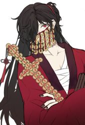  1boy bags_under_eyes bandaged_chest black_hair black_nails chinese_clothes chinese_commentary coin coin_mask coin_sword collarbone covered_mouth crossed_arms dao_gui_yi_xian earrings hair_over_one_eye half_updo hanfu highres holding holding_sword holding_weapon holed_coin japanese_clothes jewelry kimono li_huowang long_hair long_sleeves looking_at_viewer male_focus mouth_veil nail_polish one_eye_covered ponytail red_eyes red_hanfu scar scar_on_neck short_ponytail simple_background solo sword sword_tassel tassel upper_body veil very_long_hair weapon white_background wuyinwanzai 