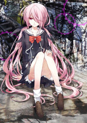  1girl bow breasts chaos;child chest_bow collarbone d_midiror dress dress_vest hair_bow hair_over_one_eye hair_ribbon hekiho_academy hekiho_academy_school_uniform jacket knees_together_feet_apart long_hair minamisawa_senri multiple_hair_bows pink_hair red_eyes ribbon school_emblem school_uniform small_breasts solo twintails 