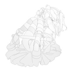  1girl ass blush bound bound_wrists chain clothes_lift cuffs flat_chest full_body girls_und_panzer highres kan_ppang loli long_hair looking_at_viewer monochrome one_side_up panties platform_heels shackles shimada_arisu sketch skirt skirt_lift solo striped_clothes striped_thighhighs thighhighs underwear 