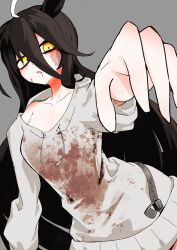  1girl absurdres ahoge animal_ears black_hair blood blood_from_mouth blood_on_clothes blood_on_face collarbone drawstring grey_background grey_hoodie hair_between_eyes hand_up highres hood hood_down hoodie horse_ears horse_girl long_hair long_hair_between_eyes long_sleeves looking_at_viewer manhattan_cafe_(umamusume) minmin731_ing multicolored_hair open_mouth patchwork_skin simple_background solo stitched_face stitched_torso stitches umamusume upper_body very_long_hair white_hair yellow_eyes zombie 