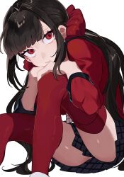 1girl ass black_hair blunt_bangs danganronpa_(series) danganronpa_v3:_killing_harmony hair_ornament hair_scrunchie harukawa_maki highres long_hair long_sleeves looking_at_viewer low_twintails mole mole_under_eye monigechan pleated_skirt red_eyes red_scrunchie red_shirt sailor_collar school_uniform scrunchie shirt sitting skirt solo twintails rating:Sensitive score:7 user:danbooru