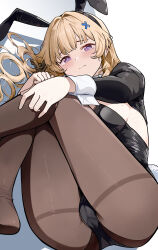1girl absurdres animal_ear_hairband animal_ears black_hairband black_leotard blonde_hair blush breasts brown_pantyhose closed_mouth commentary dated_commentary fake_animal_ears hair_ornament hairband highres knees_up leotard long_hair long_sleeves looking_at_viewer lying mole mole_on_breast on_side pantyhose phoebe_(wuthering_waves) playboy_bunny purple_eyes rabbit_ears rabbit_tail ryeon_(naturesan) simple_background solo tail tearing_up tears thighband_pantyhose white_wrist_cuffs wrist_cuffs wuthering_waves x_hair_ornament rating:Sensitive score:22 user:danbooru