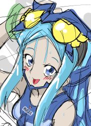 1girl blue_eyes blue_hair blush breasts digimon digimon_(creature) female_focus happy highres hudiemon long_hair looking_at_viewer medium_breasts open_mouth ph6xeivbgpimggg removing_helmet smile solo solo_focus swimsuit