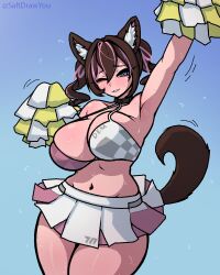  1girl absurdres animal_ear_fluff animal_ears arm_up armpits artist_name bare_shoulders black_choker blue_background blue_eyes bra breasts brown_hair brown_tail checkered_bra checkered_clothes cheerleader choker commentary commission cowboy_shot double-parted_bangs english_commentary flying_sweatdrops hair_between_eyes highres holding holding_pom_poms large_breasts light_blush looking_at_viewer miniskirt mole mole_under_eye multicolored_hair navel one_eye_closed original parted_lips pink_bra pink_hair pink_skirt pom_pom_(cheerleading) pom_poms saltdrawyou short_hair simple_background skirt smile solo stomach sweat tail twitter_username two-tone_bra two-tone_hair two-tone_skirt two_side_up underwear very_sweaty white_bra white_skirt 