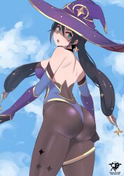  1girl :o absurdres artist_logo ass bare_shoulders black_hair blue_leotard blue_sky bodystocking breasts choker cloud earrings elbow_gloves floating_hair from_behind genshin_impact gloves gold_trim green_eyes hair_ornament hand_on_own_ass hat highres jewelry kaos_art large_breasts leotard logo long_hair looking_back mona_(genshin_impact) pantyhose patreon_username sky solo sparkle_hair_ornament sparkle_print thighlet thong_leotard witch_hat  rating:Sensitive score:65 user:danbooru
