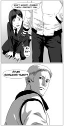  1boy 1girl absurdres black_hair business_suit chainsaw_man drive_(movie) english_text formal_clothes francisco_mon gloves greyscale hair_ornament hairclip higashiyama_kobeni highres jacket meme monochrome necktie real_life ryan_gosling suit  rating:General score:29 user:danbooru