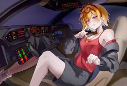  1girl absurdres alternate_costume bandana bare_shoulders black_jacket black_shorts blonde_hair blush breasts car car_interior commentary_request control_yoke earrings eyewear_on_head feet_out_of_frame glasses highres hololive hololive_indonesia index_finger_raised jacket jacket_partially_removed jewelry k.i.t.t kaela_kovalskia knight_2000 knight_rider long_sleeves looking_at_viewer medium_breasts motor_vehicle multicolored_hair necklace open_clothes open_jacket parted_lips red-framed_eyewear red_bandana red_eyes red_nails red_tank_top shirt_tucked_in shoes short_hair shorts sitting socks solo steering_wheel streaked_hair tank_top three_quarter_view virtual_youtuber white_socks yato_(yama0x1) 