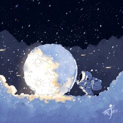  1other artist_name astronaut backpack bag building_snowman cloud commentary crater fish flying_fish full_body gloves glowing highres kazunoko_(kazunoko_zunoco) moon night night_sky original other_focus outdoors pushing radio_antenna signature sky snow snowing solo spacesuit standing star_(sky) starry_sky white_gloves 