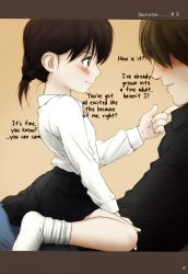1boy 1girl age_difference assertive_female black_hair blush breasts brown_eyes brown_hair english_text feet femdom flat_chest flirting girl_on_top hair_over_eyes hand_on_another&#039;s_chin hand_on_another&#039;s_face happy_sex hard-translated highres loli looking_at_another naughty_face no_shoes pleated_skirt rustle school_uniform sexually_suggestive sitting sitting_on_lap sitting_on_person skirt small_breasts socks straddling talking third-party_edit rating:Explicit score:973 user:lord_muffington