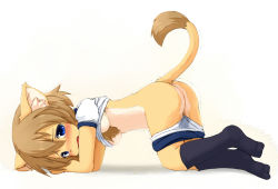  1girl all_fours animal_ears ass bent_over blue_eyes blush brown_hair buruma clothes_lift fang feet female_focus furry furry_female gym_uniform kagerofu nipples panties pussy_juice shirt_lift short_hair socks solo tail tears trembling underwear  rating:Explicit score:117 user:Mast3r_Ch33f