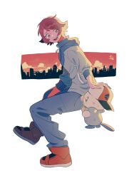  1boy :d brown_eyes brown_hair commentary_request from_side gen_5_pokemon headpat highres hilbert_(pokemon) hood hood_down hooded_jacket invisible_chair jacket looking_to_the_side male_focus nintendo omyo_(myomyomyo22) open_mouth oshawott pants pokemon pokemon_(creature) pokemon_bw red_shoes shoes short_hair signature sitting smile teeth tongue upper_teeth_only 