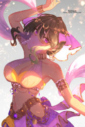  1girl arabian_clothes arm_up armlet bare_shoulders black_hair blush bra bracelet breasts choker circlet cleavage closed_mouth dancer dancing dark-skinned_female dark_skin earrings harem_outfit harem_pants highres idolmaster idolmaster_cinderella_girls idolmaster_cinderella_girls_starlight_stage jewelry kaitou0215 large_breasts looking_at_viewer midriff mouth_veil natalia_(idolmaster) navel official_alternate_costume official_alternate_hairstyle pants purple_eyes revealing_clothes see-through_clothes short_hair smile solo standing strapless strapless_bra underwear veil 