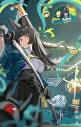  +_+ 2girls :o absurdres animal_ear_fluff animal_ears aqua_jacket asaba_harumasa bad_link belt birthday black_belt black_gloves black_hair black_necktie black_skirt blue_oni blue_skin blunt_bangs blurry blurry_foreground braid breasts buttons cake chibi closed_mouth collared_shirt colored_skin cropped_jacket cup cutting earrings fingerless_gloves floating_hair food fox_ears fruit glint gloves hair_between_eyes half_up_braid hand_up happy_birthday hat hat_over_one_ear highres holding holding_sheath holding_sword holding_tray holding_weapon horns hoshimi_miyabi indoors jacket jewelry katana large_breasts long_hair long_sleeves looking_at_viewer melon melon_slice multiple_girls necktie official_art oni open_clothes open_jacket open_mouth orange_hat party_hat paw_print pleated_skirt pointy_ears pom_pom_(clothes) red_eyes sheath sheathing shirt short_hair sidelocks single_fingerless_glove skin-covered_horns skirt smile soukaku_(zenless_zone_zero) sparkle sword tailless_(zenless_zone_zero) tassel teacup tray tsukishiro_yanagi weapon white_hair white_shirt wide-eyed wide_sleeves wing_collar zenless_zone_zero 
