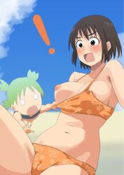 ! 2girls accidental_exposure assisted_exposure ayase_fuuka beach bikini blue_sky breasts brown_hair cameltoe green_hair highres inverted_nipples koiwai_yotsuba large_breasts multiple_girls nipples o_o open_mouth orange_bikini puffy_nipples sarura short_hair sky stomach surprised swimsuit unlikely_accident wardrobe_malfunction yotsubato! 