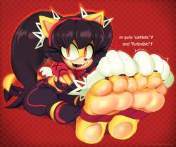 1girl animal_ears black_hair black_pants breasts cashumeru cat cat_girl english_text feet feet_together furry furry_female gloves headband honey_the_cat legs looking_at_viewer pants pawpads red_headband sideboob skin_tight soles sonic_(series) sports_bra sportswear stretching tail thighs twintails white_gloves yellow_fur yoga_pants