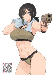  1girl abs absurdres aiming aiming_at_viewer black_hair blue_eyes breasts bright_pupils closed_mouth colored_inner_hair commentary cowboy_shot english_commentary finger_on_trigger green_hair green_panties green_sports_bra gun hair_between_eyes handgun highres holding holding_gun holding_weapon kuso_otoko large_breasts looking_at_viewer low_ponytail multicolored_hair muscular muscular_female navel outstretched_arm panties ponytail qr_code short_ponytail simple_background solo sports_bra sports_panties standing sweat towel towel_around_neck two-tone_hair underwear uragoner weapon weapon_request white_background white_pupils 