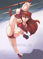  1girl absurdres artist_name ass bare_legs blue_eyes boxing_ring breasts brown_hair clenched_hands curvy exercising feet flexible full_body gloves highres kicking legs_apart long_hair looking_at_viewer looking_up medium_breasts midriff navel neon_genesis_evangelion revealing_clothes shiny_clothes simple_background sitting soles solo souryuu_asuka_langley sports_bikini sports_bra sportswear spread_legs stirrup_legwear thong toeless_legwear toes twintails very_long_hair wide_hips zipskyblue  rating:Questionable score:57 user:fakyuh