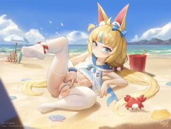  1girl animal_ears anus anus_peek banned_artist beach bikini blonde_hair blue_bikini blue_bow blue_eyes blue_hair blue_nails blue_sailor_collar blue_scrunchie blue_sky blush bow bucket cat_ears censored closed_mouth crab day dress female_focus fins fish_girl fish_tail flat_chest frilled_bikini frills full_body hair_bow heart heart_o-ring indie_virtual_youtuber innertube_hair_ornament loli looking_at_viewer low_twintails lying memechan mosaic_censoring multicolored_hair nail_polish navel no_shoes o-ring o-ring_bottom ocean on_back one_side_up open_clothes open_dress outdoors paid_reward_available sailor_collar sailor_dress sameko_saba sand scrunchie seashell shell signature sky soles solo streaked_hair striped_bikini striped_clothes swimsuit tail thighhighs thong_bikini toes twintails two-tone_hair variant_set white_dress white_thighhighs wrist_scrunchie  rating:Questionable score:12 user:hdk5
