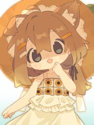  1girl :d ahoge animal_ear_fluff animal_ears bare_arms bare_shoulders black_ribbon blush_stickers brown_hair brown_hat commentary_request dog_ears dog_girl double-parted_bangs dress fangs grey_eyes hair_between_eyes hair_ornament hair_ribbon hairclip hand_up hat highres long_hair looking_at_viewer low-tied_long_hair mamehinata notamaru_2 open_mouth parallel_hairclips ribbon simple_background skin_fangs sleeveless sleeveless_dress smile solo sundress upper_body vrchat white_background white_dress 