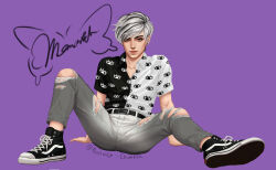  1boy baxter_ward belt black_hair black_shirt brown_eyes collarbone collared_shirt eye_print full_body highres leaning_back looking_at_viewer monarch_chimera multicolored_hair multicolored_shirt on_ground our_life our_life:_beginnings_and_always pants purple_background shirt shoes smile sneakers solo spread_legs streaked_hair torn_clothes torn_pants white_hair white_shirt 