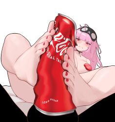  1girl absurdres barefoot blush breasts censored clenched_teeth feet highres hololive hololive_english large_breasts long_hair mori_calliope novelty_censor nude pink_hair pompmaker1 red_eyes teeth toes virtual_youtuber 